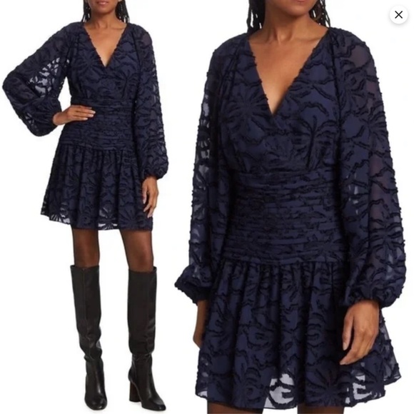 NWT Tanya Taylor Eva Navy Blue Burnout Puff Sleeve Shirred Mini Dress Size 4 - Picture 9 of 13